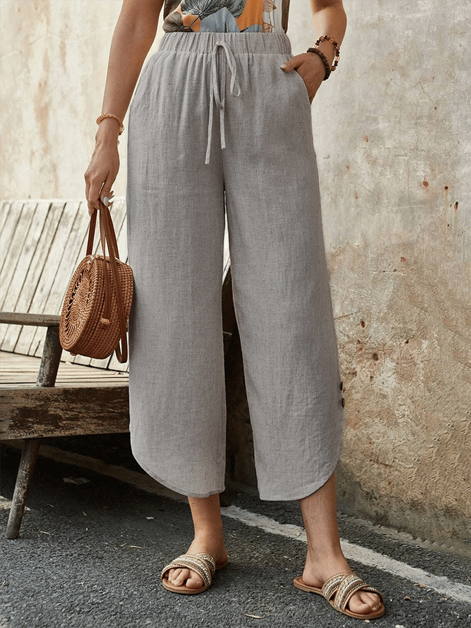 Women's Casual Cotton Linen High Waist Wide Leg Cropped Pants
