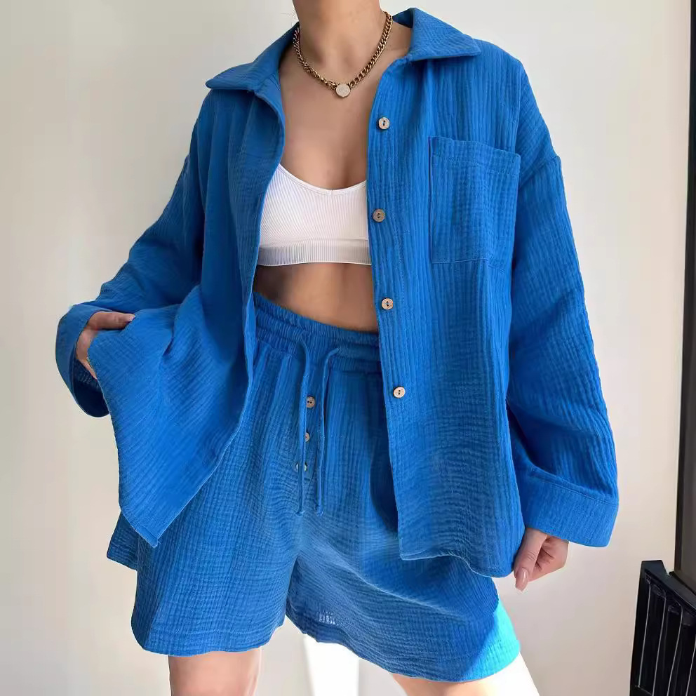 Women's Textured Collared Long Sleeve Shirt and Drawstring Shorts Set