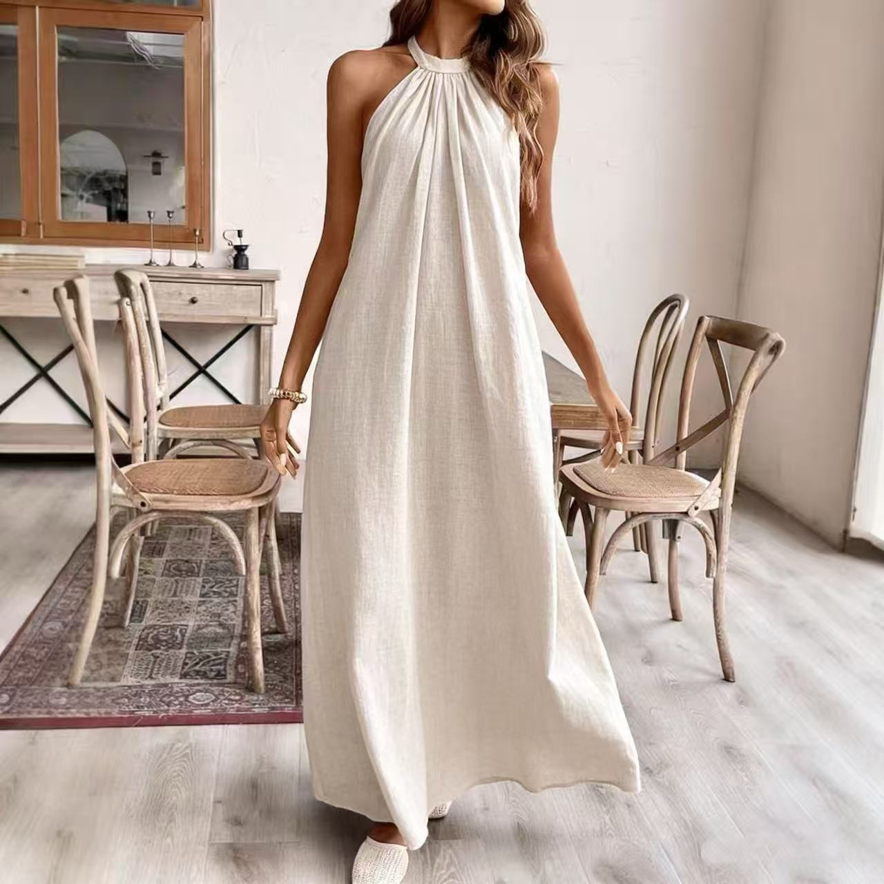 Solid Color Loose Halter Neck Summer Dress Casual Vacation A-Line Midi Dress