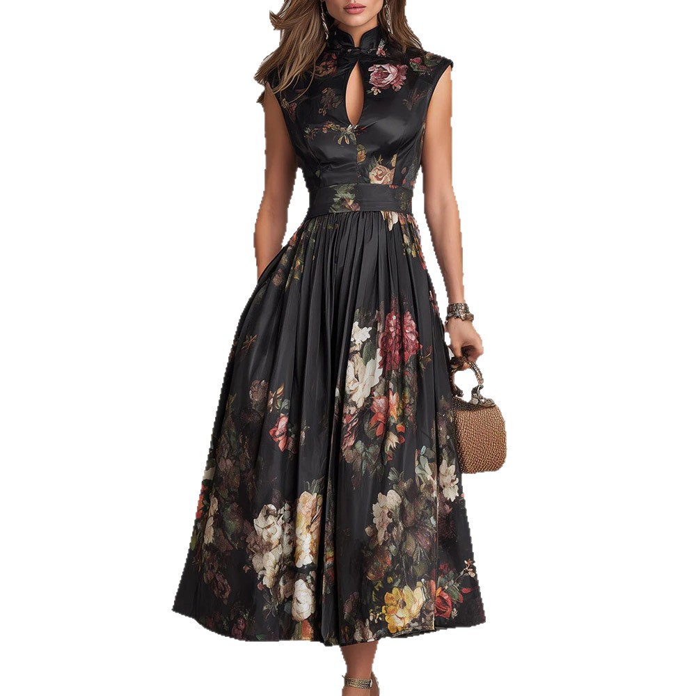 Sleeveless Black Floral Print Maxi Dress with 3D Flowers Slim Fit
