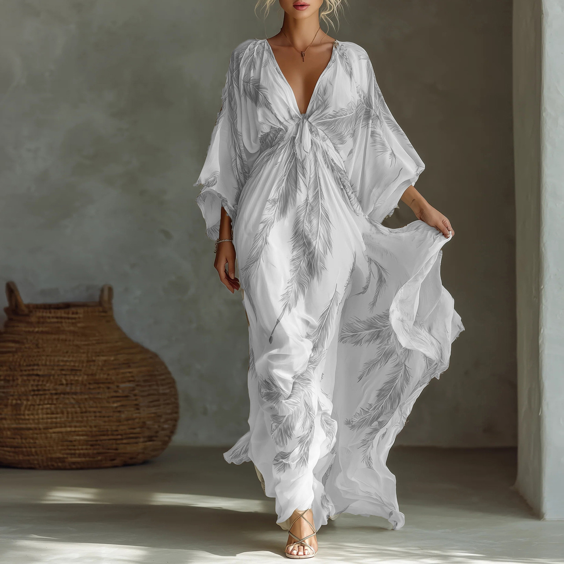 V-Neck 3/4 Sleeve Waist-Cinched Long A-Line Dress