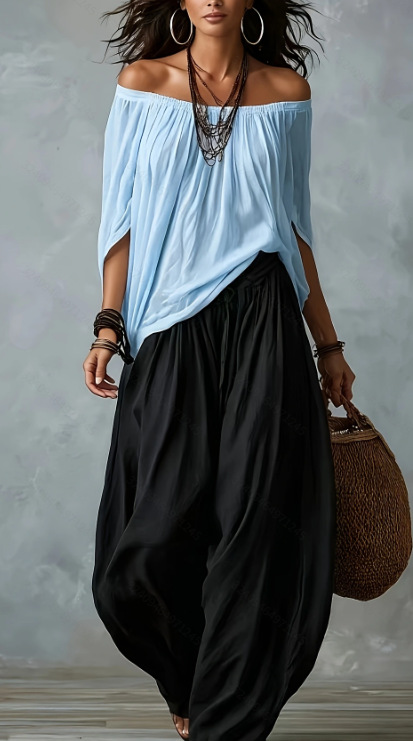 Women's Long Loose Off-Shoulder Top and Lantern Pants Set