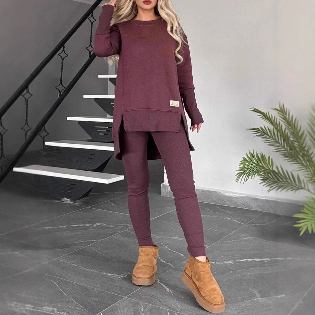 Women's Casual Solid Color German Velvet Long Sleeve Round Neck Slit Top Set