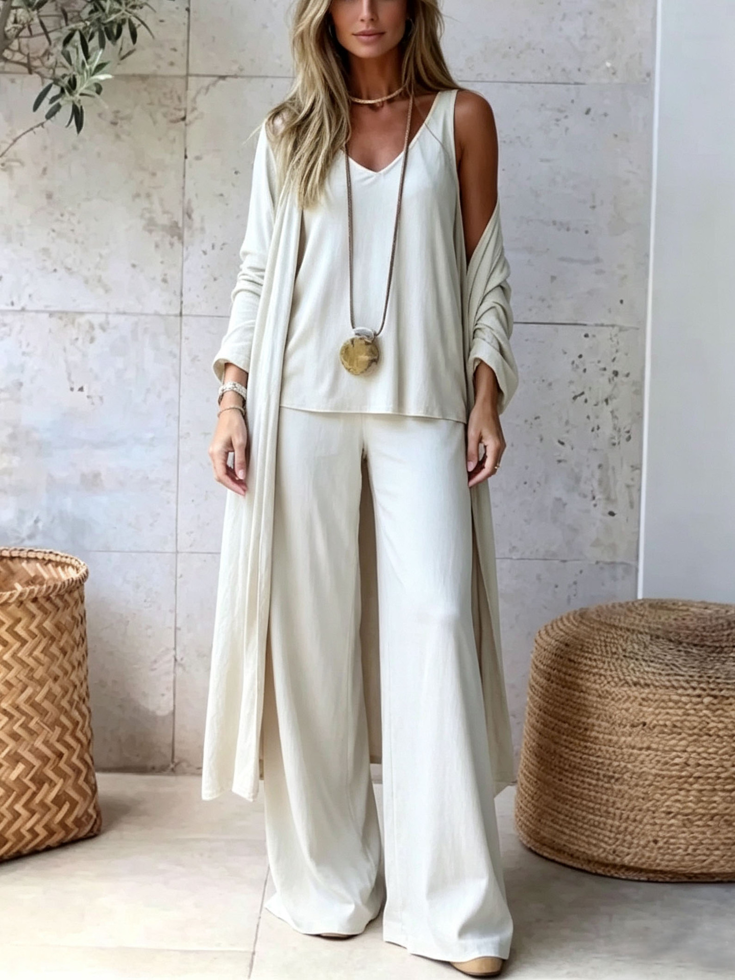 Women's Minimalist Solid Color Open-Front Cardigan 3-Piece Set