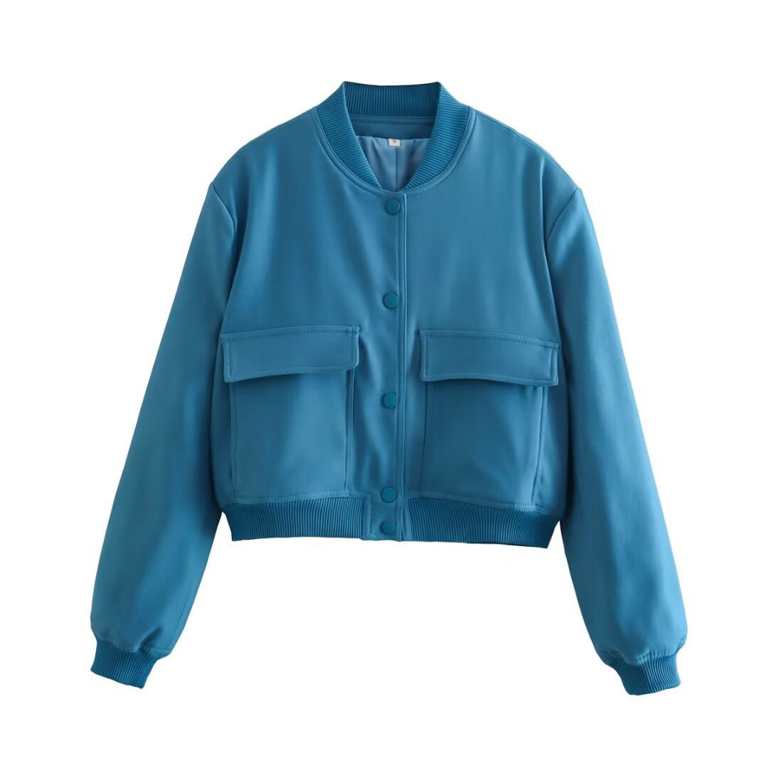 Women's Casual Bomber Jacket – TR Fabric, Button Front, Round Neck