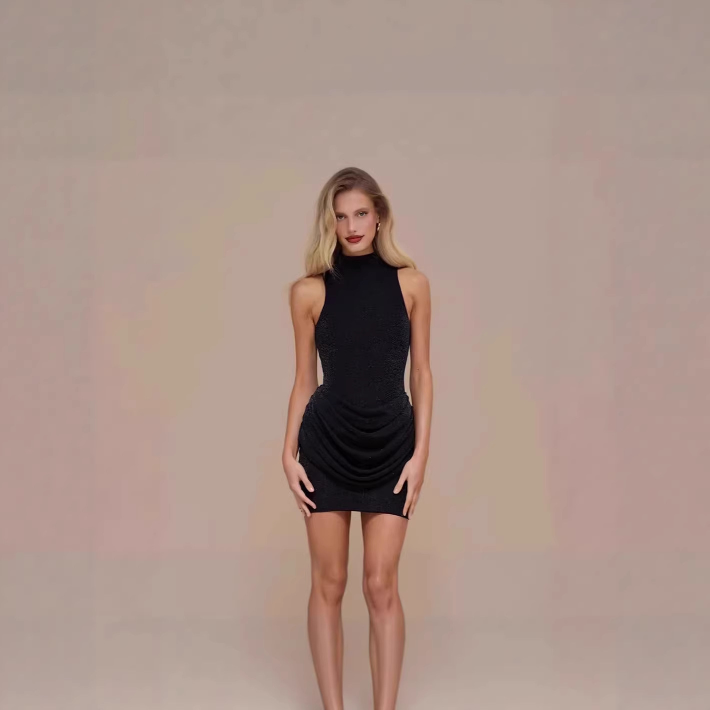 Women's Sleeveless Mock Neck Glitter Bodycon Mini Dress