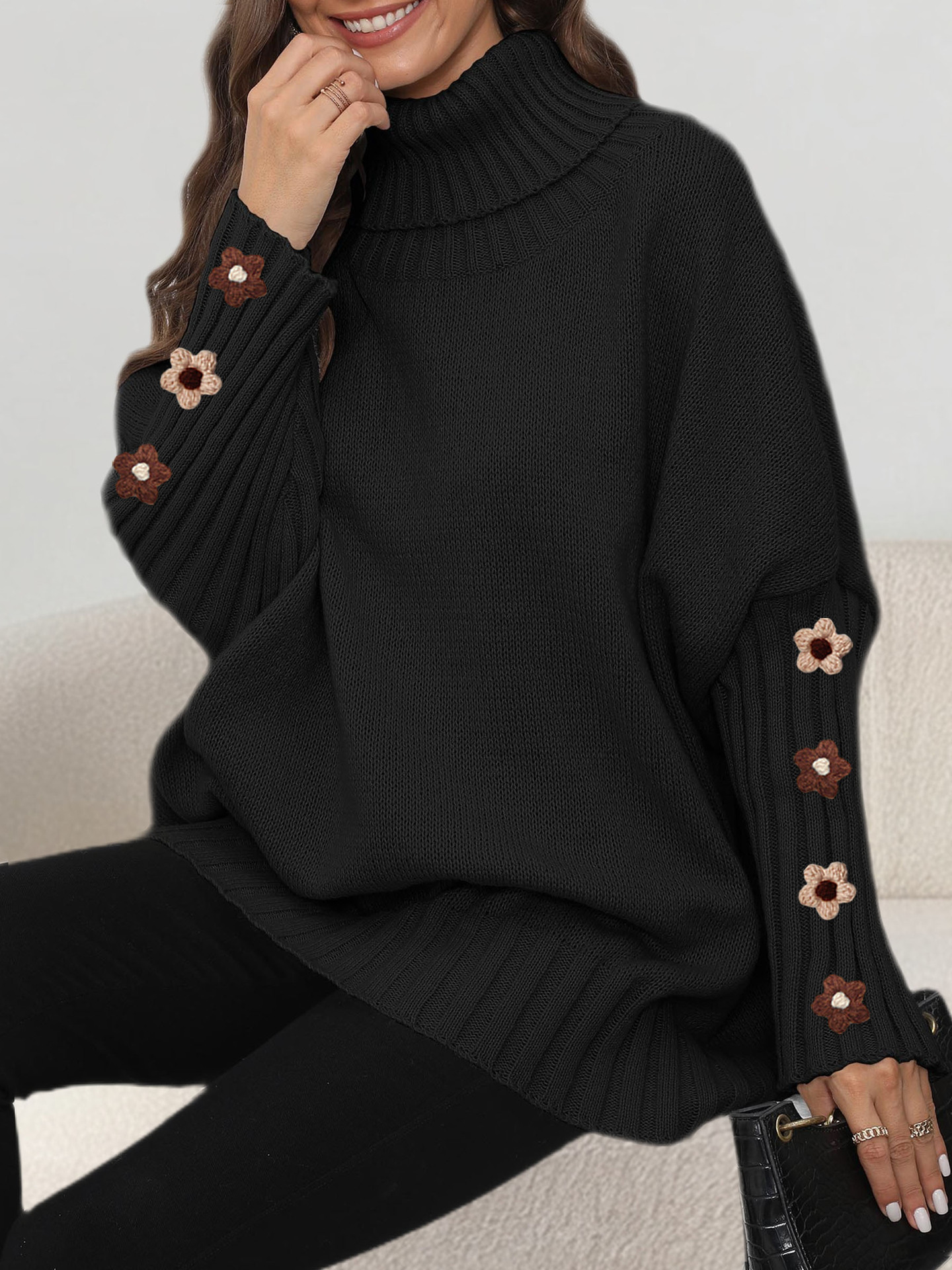 Women's Knit Turtleneck Sweater Solid Color Loose Fit Pullover Top