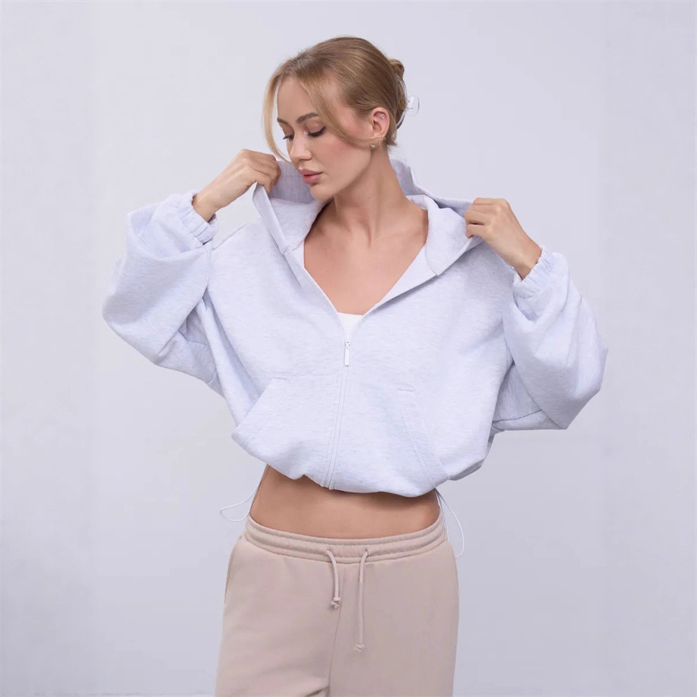 Women's Solid Color Hooded Zip-Up Waist-Cinched Cropped Jacket