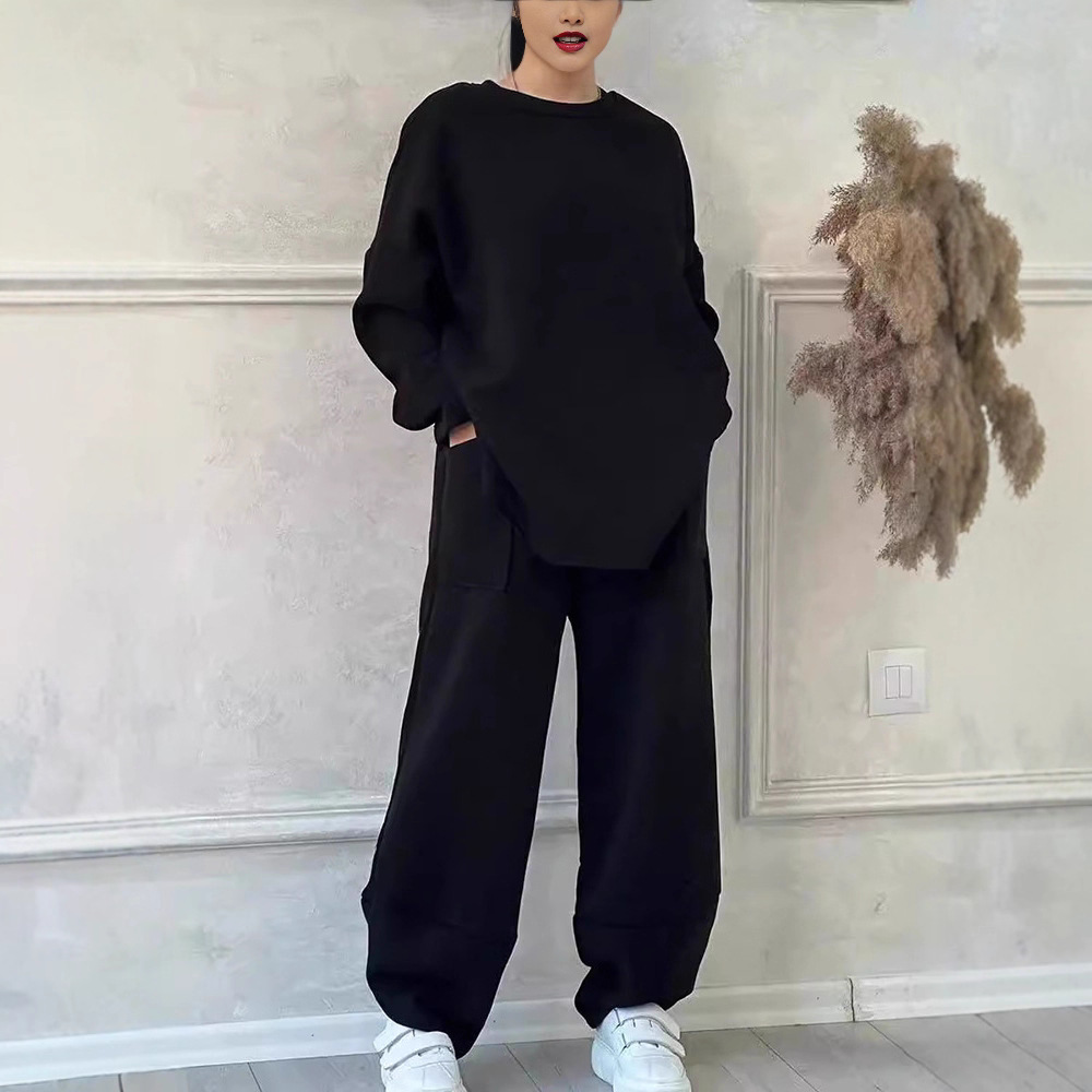 Solid Color Crewneck Long Sleeve Pocket Wide Leg Pants Loose Hoodie Two Piece Set