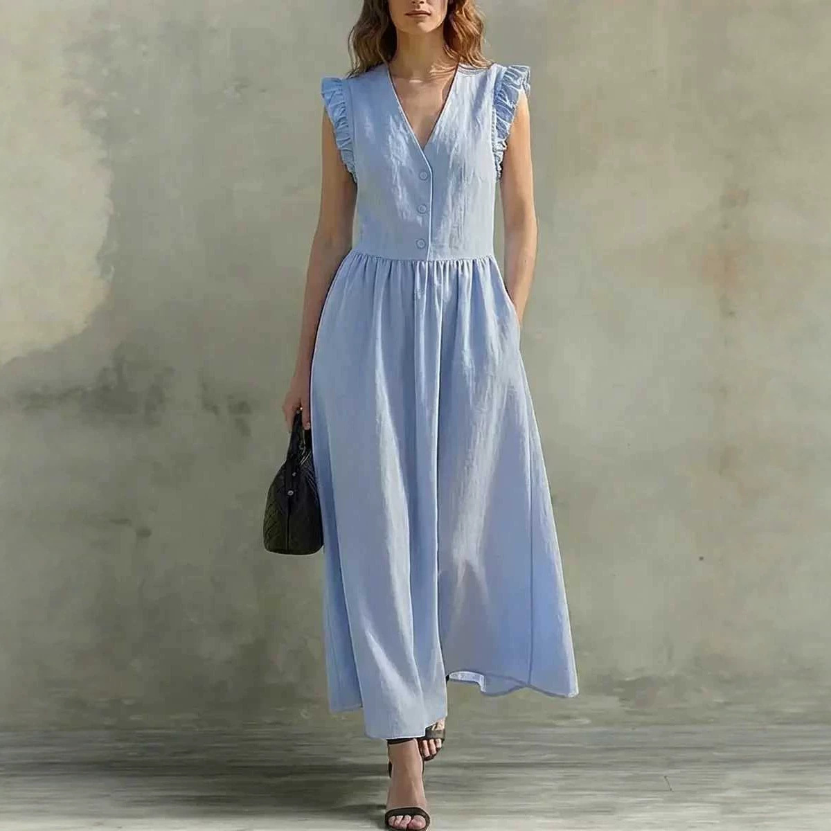 Women's Summer Ruffle Sleeve Solid Color Waist-Cinching Short Dress