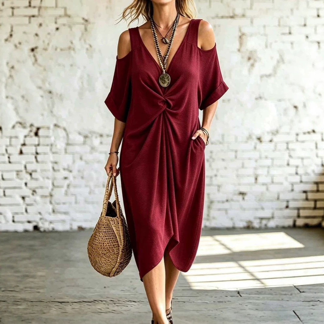 Off-Shoulder Short Sleeve V-Neck Loose Plus Size Pleated Dress
