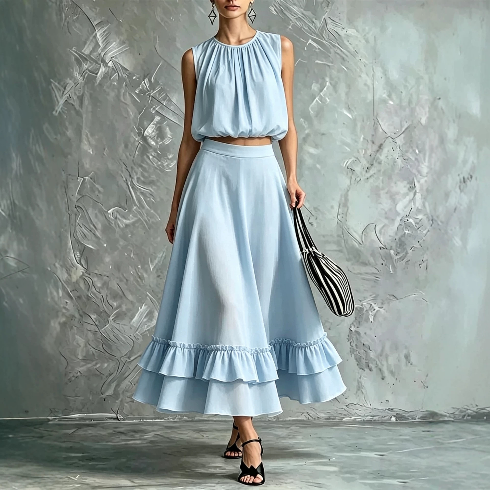 Women's Sleeveless Round Neck Top and Ruffle Hem Maxi Skirt Set