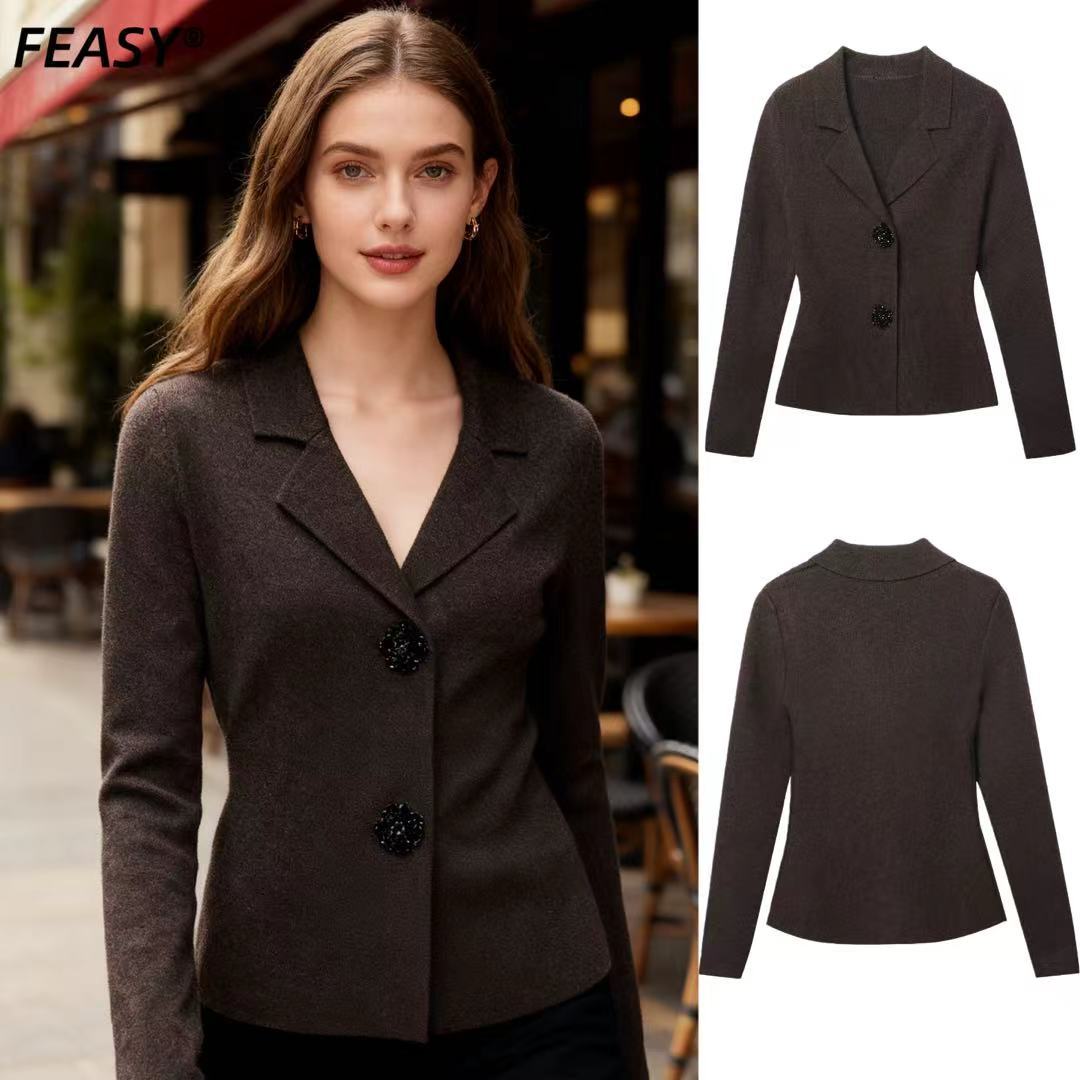 Jeweled Button Knit Blazer Cardigan