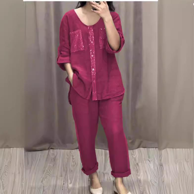 Women's Casual Two-Piece Set with Pockets, Button Placket, and Gold Accents, Round Neck