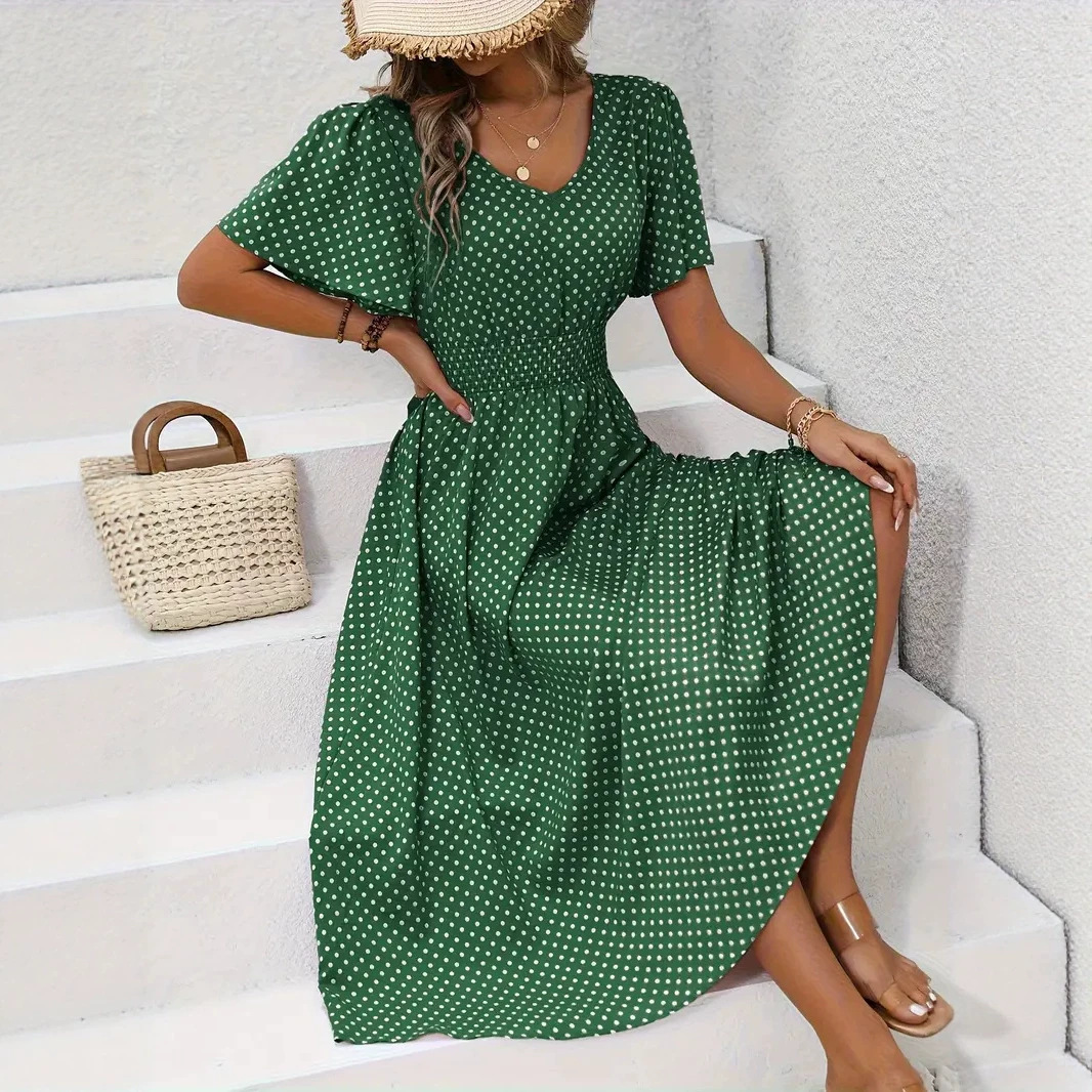 V-Neck Polka Dot Pullover Casual Dress