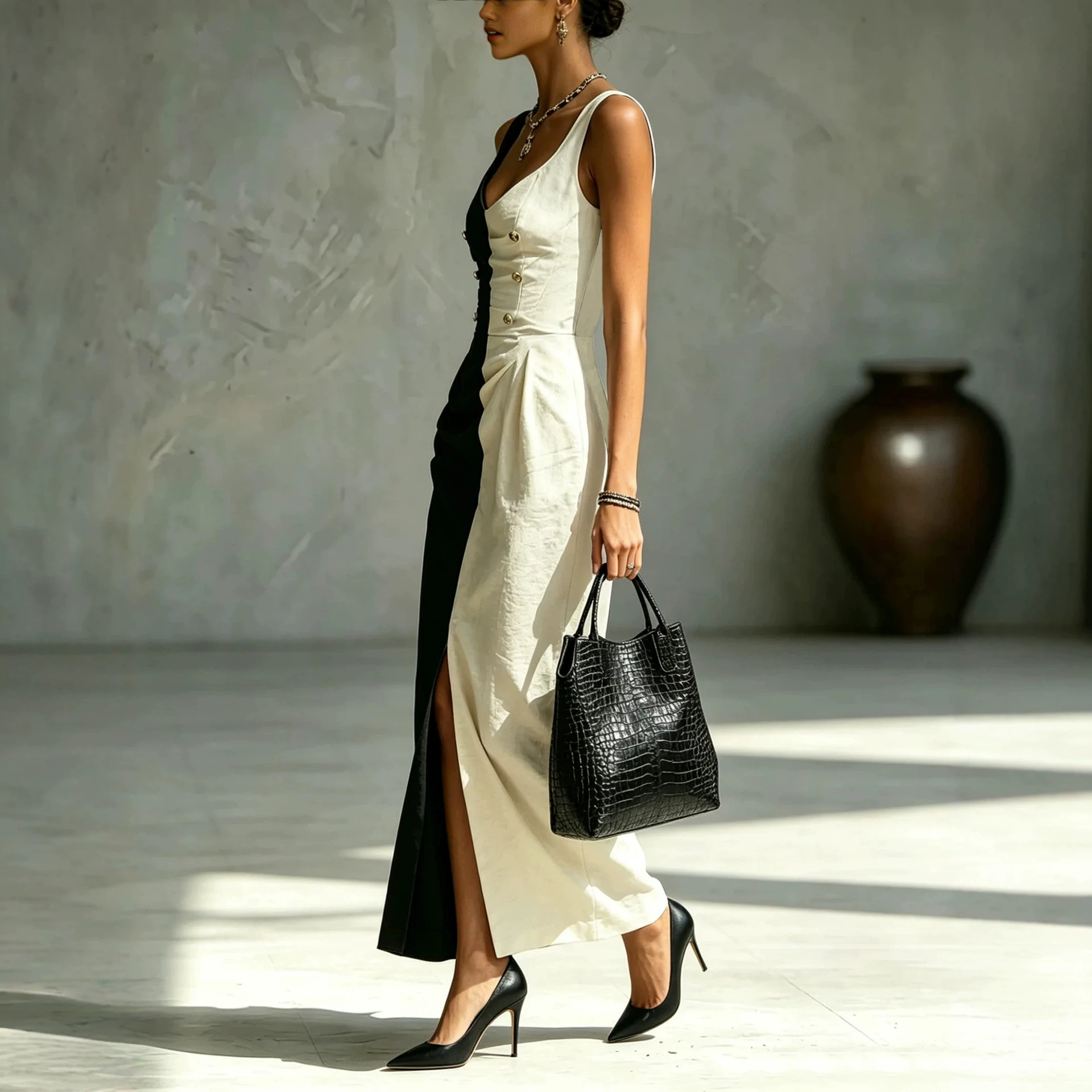 French One-Shoulder Cami Dress Colorblock A-Line Midi