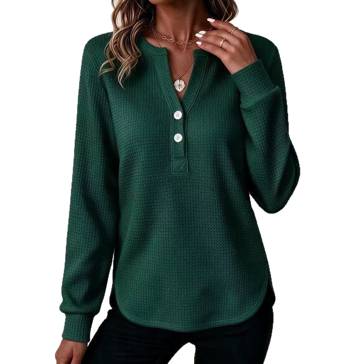 Waffle Knit V-Neck Button Long Sleeve Loose Fit Top