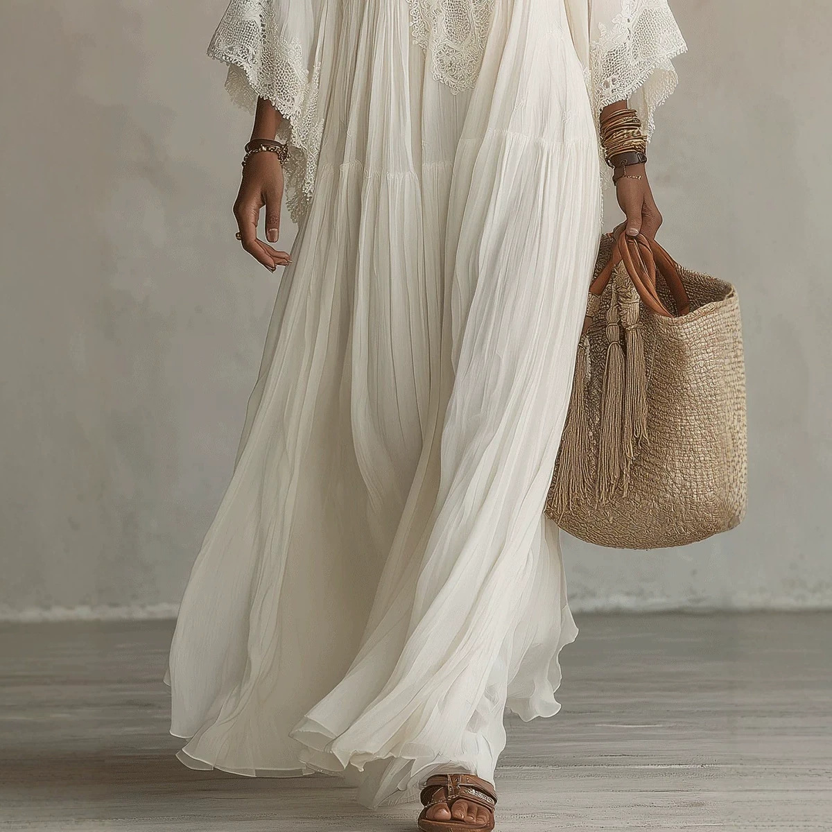 White Lace V-Neck Long Dress with Batwing Sleeves