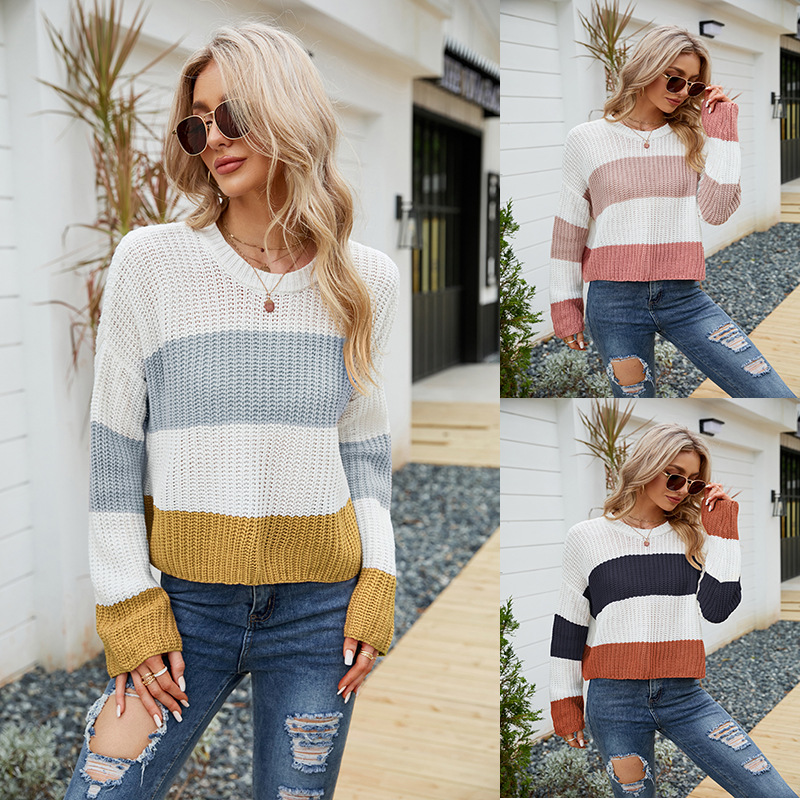 Women's Cropped Loose Striped Knit Pullover Sweater