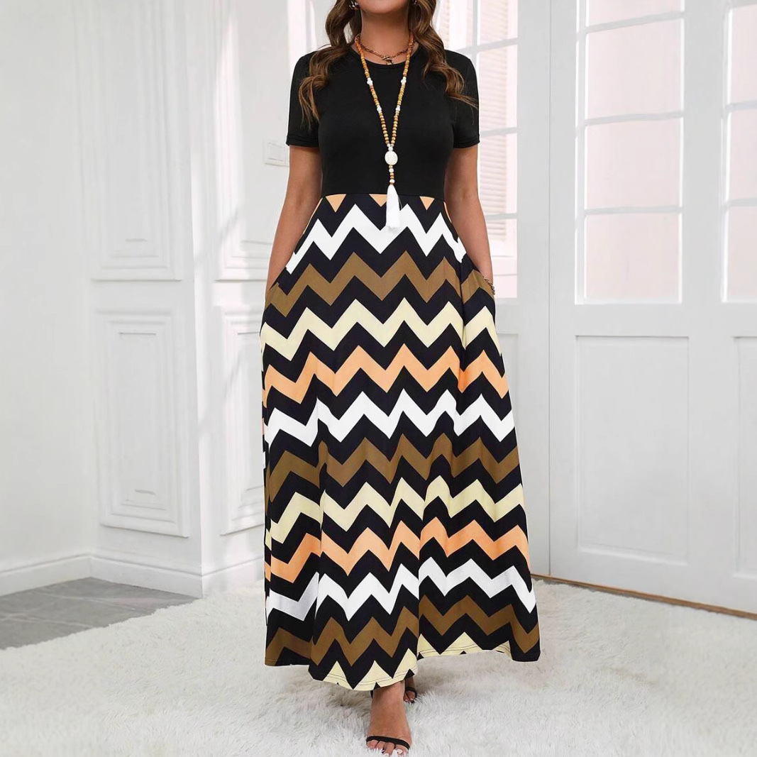 Wave Print Patchwork Long Dress