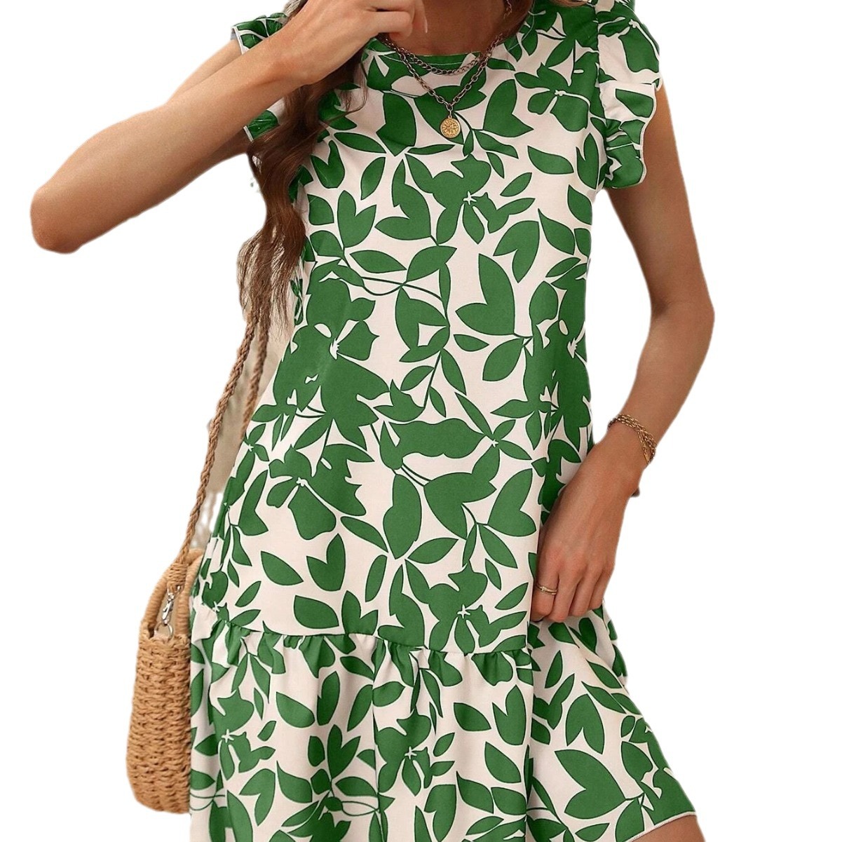 Women's Summer Floral Print Dress with Ruffle Trim and Fly Sleeves