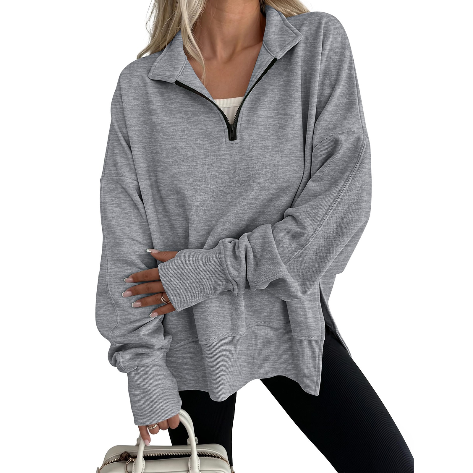 Side Slit Half-Zip Collared Solid Color Pullover Sweatshirt for Women