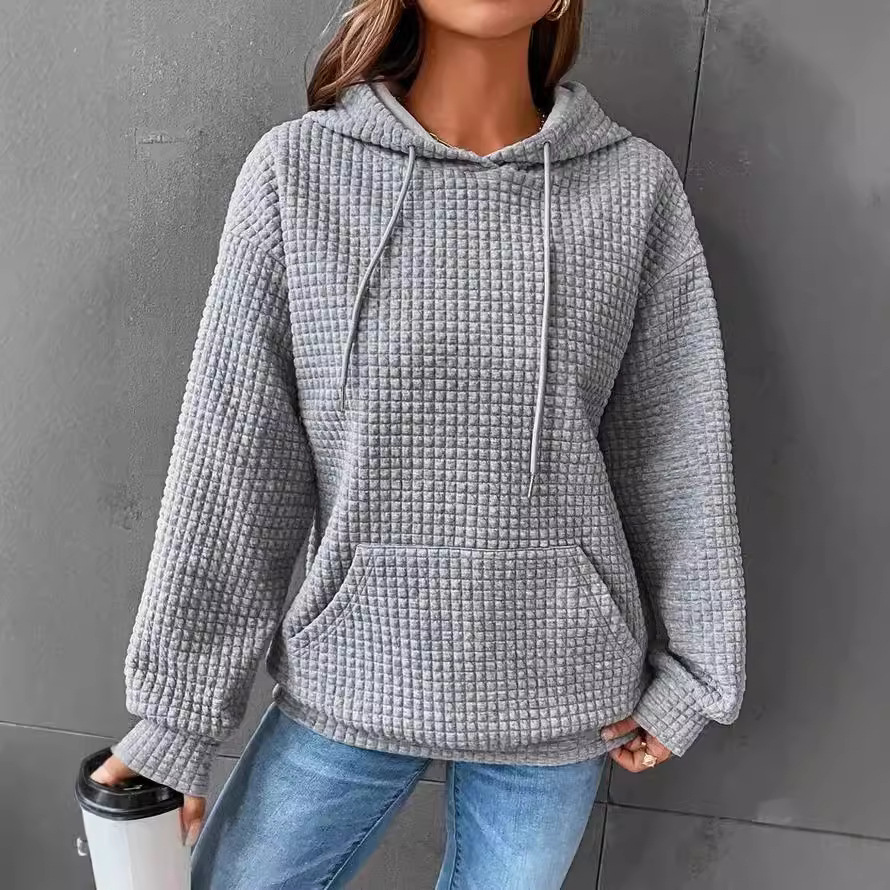 Women's Oversized Pullover Hoodie with Drawstring, Drop Shoulder, Kangaroo Pocket, Waffle Knit
