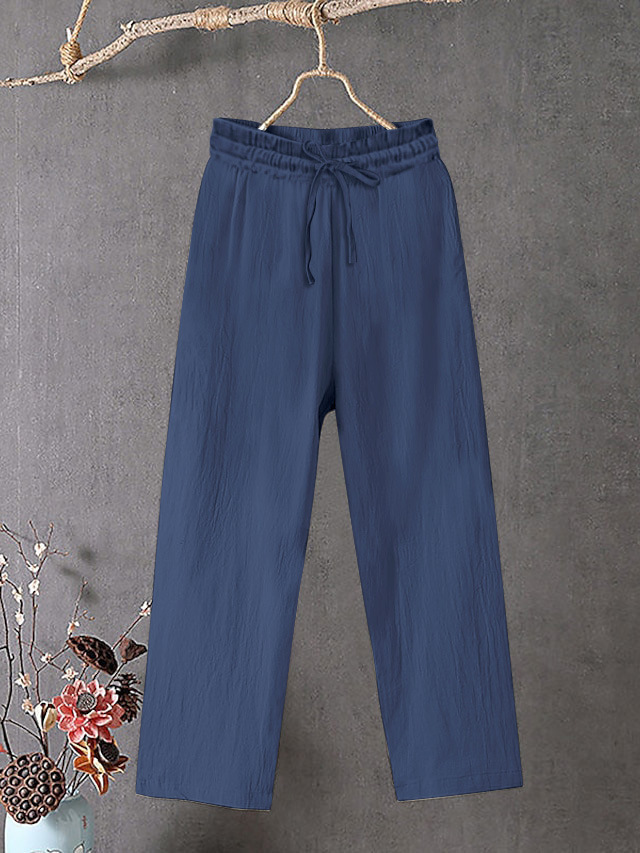 Women's Cotton Linen Wide Leg Pants Elastic Waist Solid Color Loose Fit