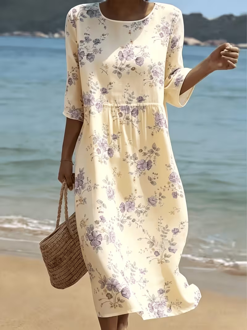 Women's Floral Print Ruched Midi Dress Crew Neck Half Sleeve