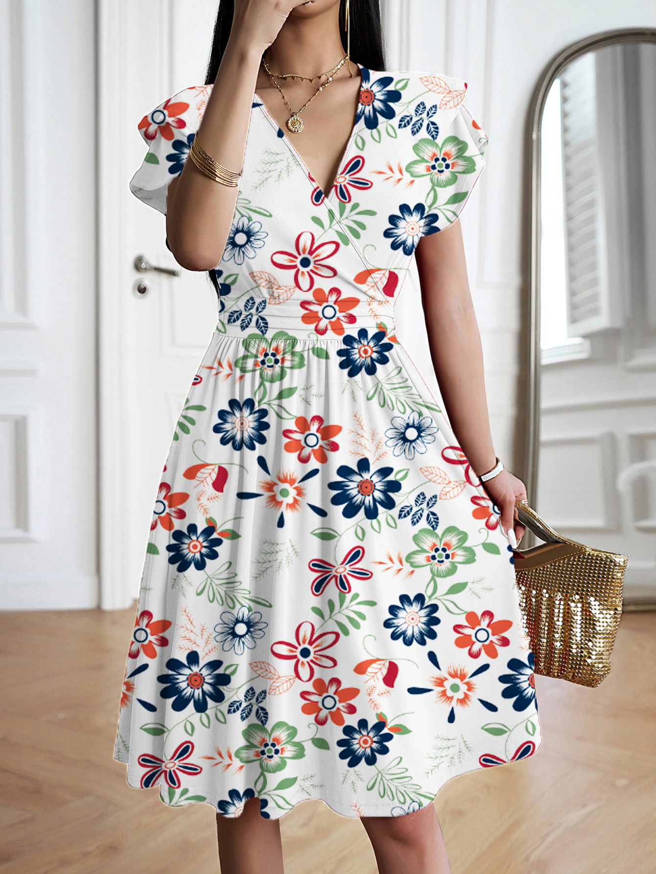 V-Neck Midi Dress with Loose Waist