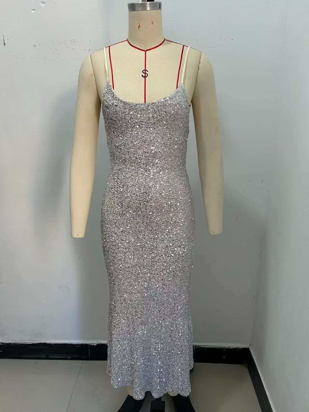 Sequin Cami Bodycon Midi Dress Sleeveless High Waist