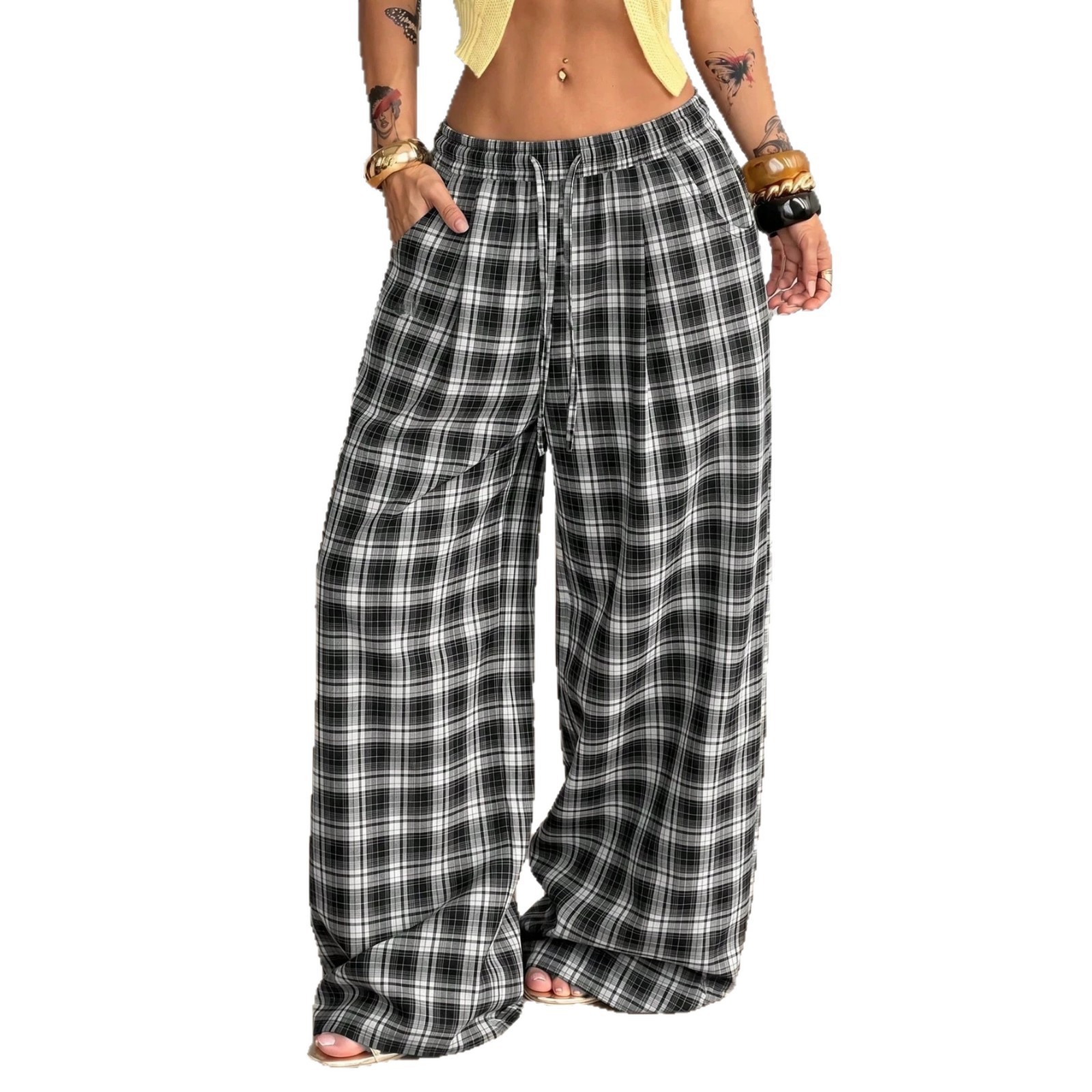 Y2K Retro Plaid Drawstring High-Waist Wide-Leg Pants with Pockets