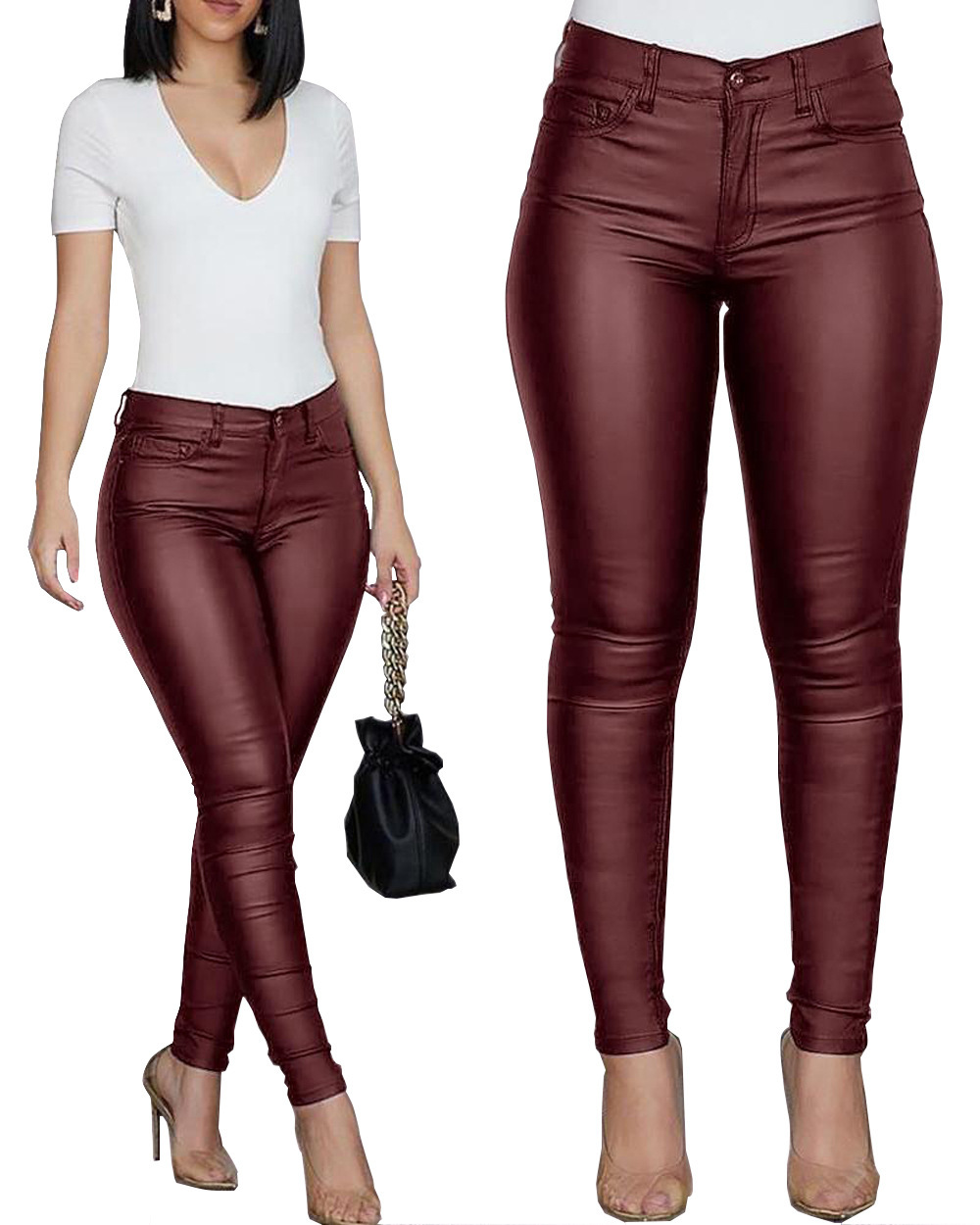 Women's Solid Color PU Leather Skinny Pants Slim Fit Mid-Rise Long Trousers