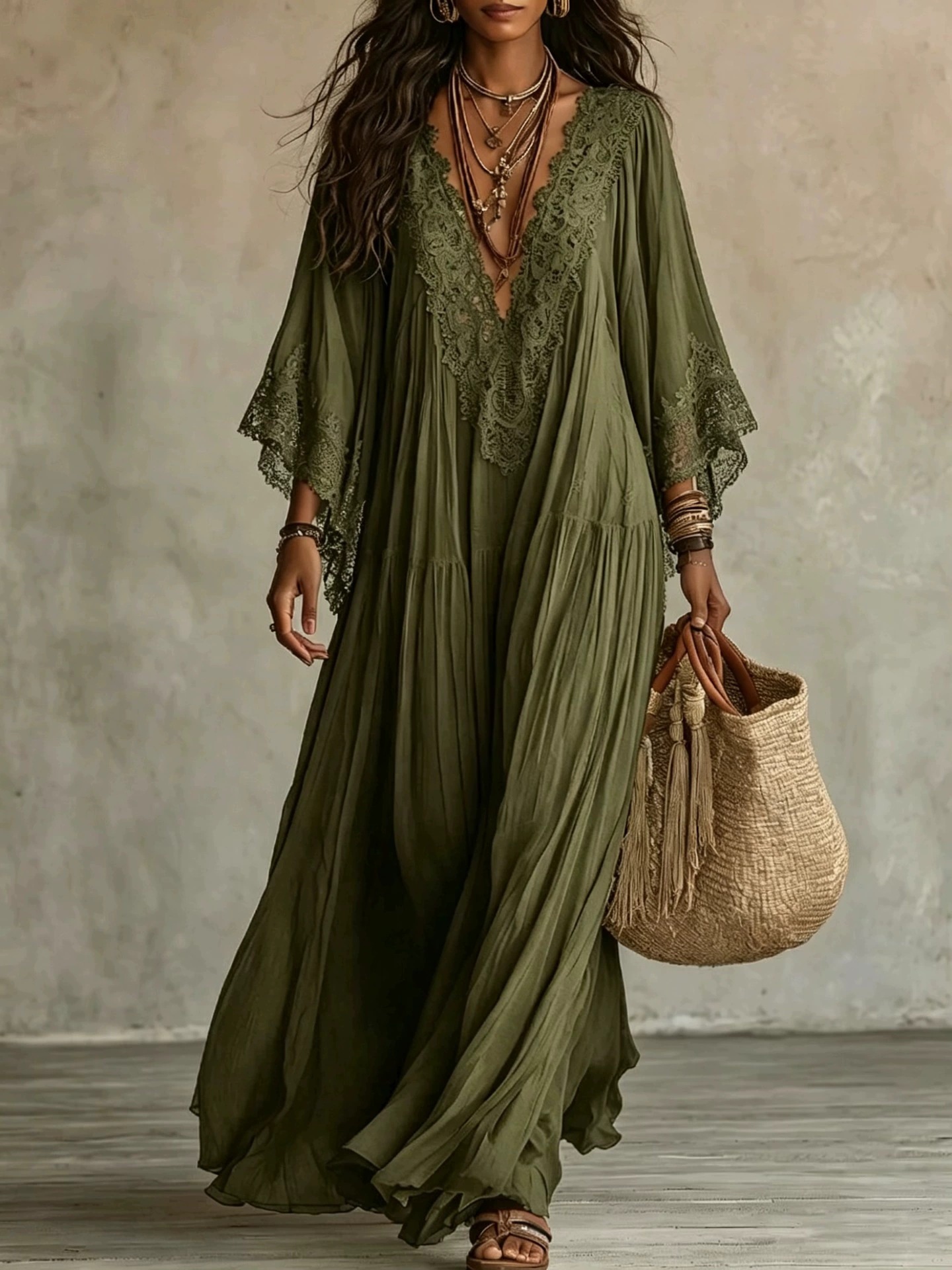 White Lace V-Neck Long Dress with Batwing Sleeves