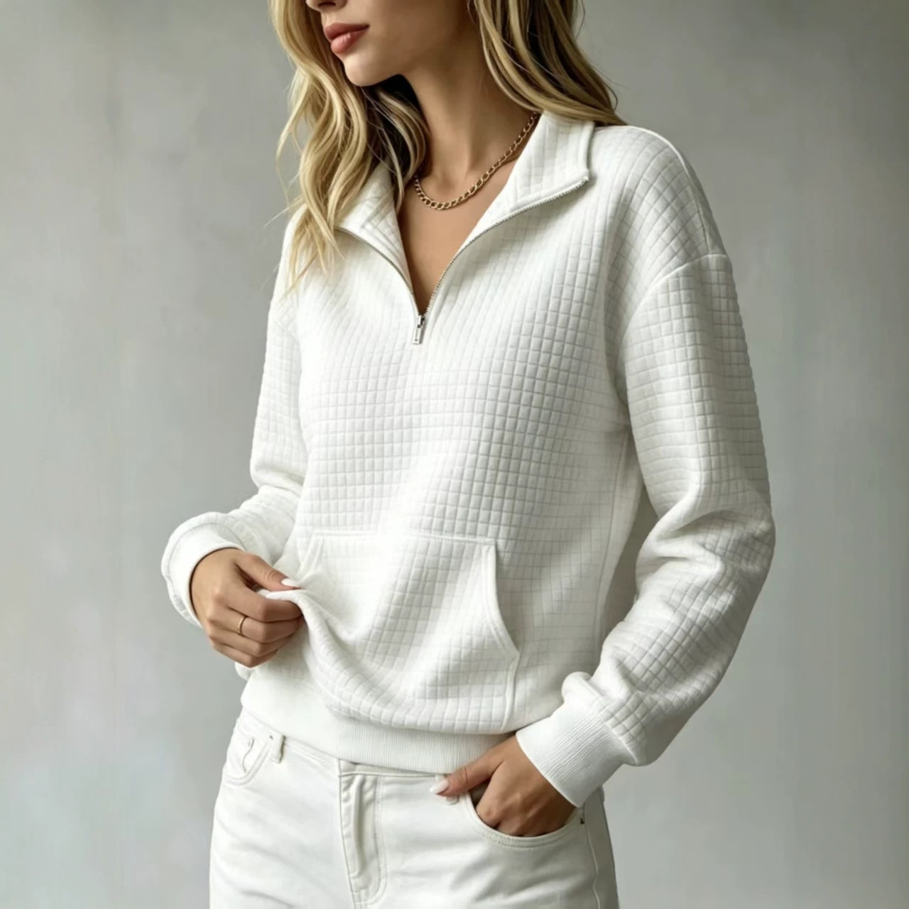Women's Loose Kangaroo Pocket Solid Color Stand Collar Zip-Up Long Sleeve Sweatshirt