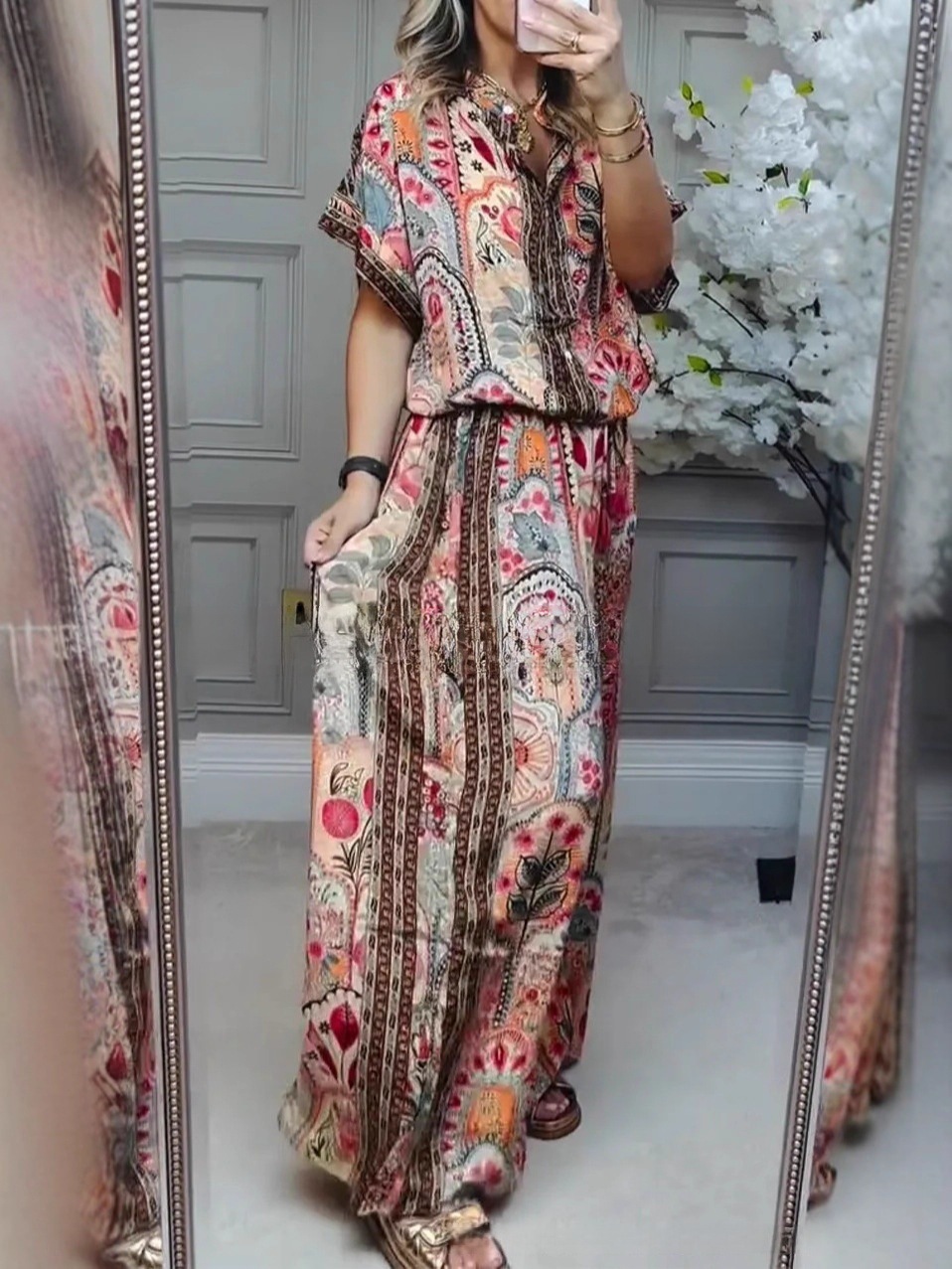 Women's Casual Print Button-Front Cardigan Top & Wide-Leg Pants Two-Piece Set