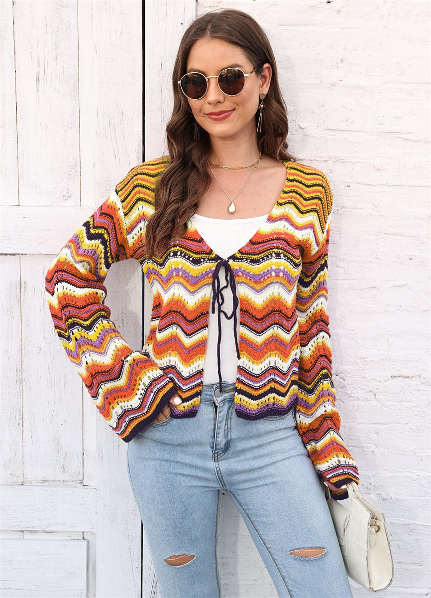 Rainbow Wavy Knit Cardigan Women's V-Neck Long Sleeve Tie-Front