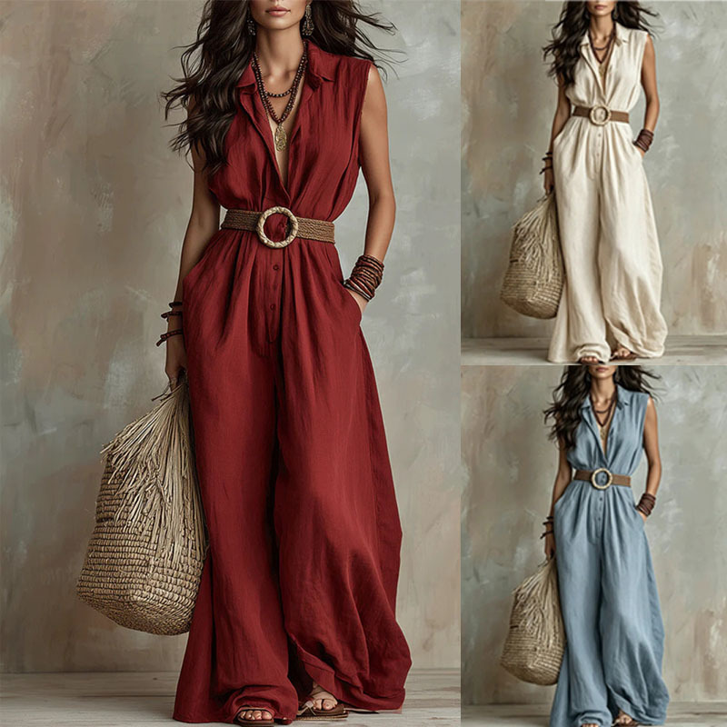 Women's Sleeveless Wide-Leg Jumpsuit with Collar and Waist Tie