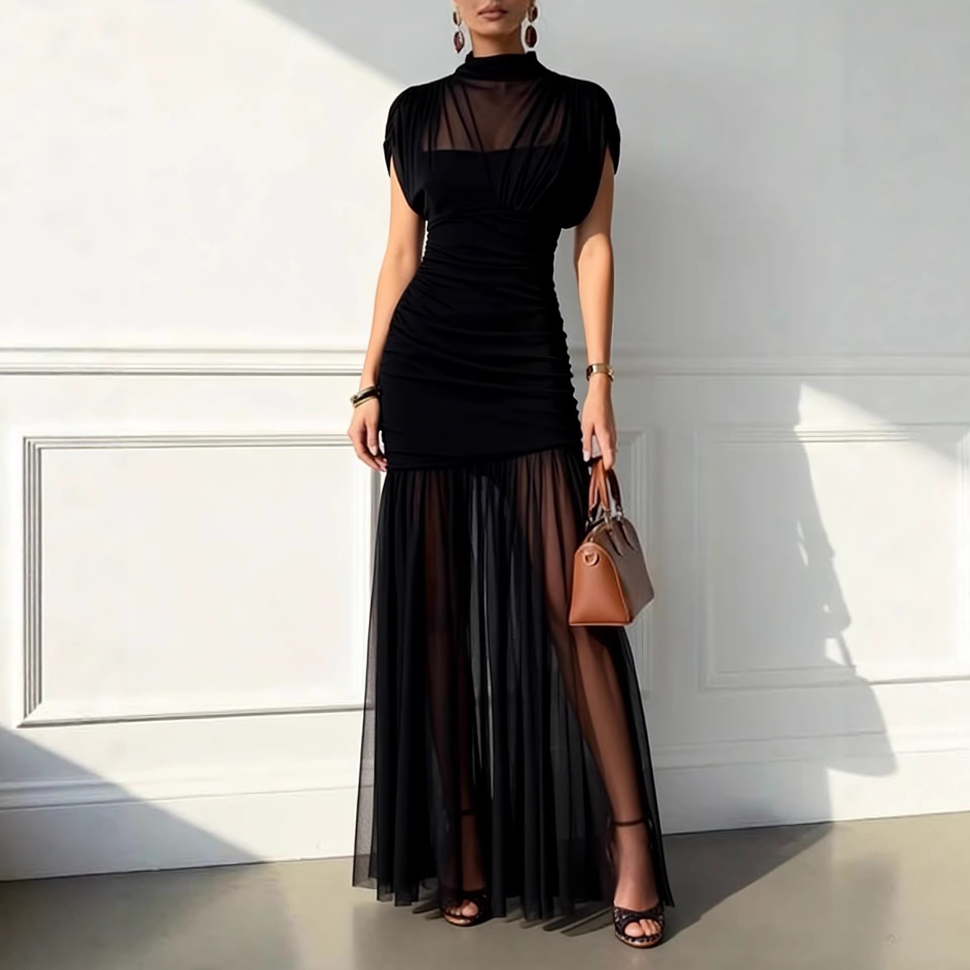 Women's Sexy Solid Bodycon Mesh Long Dress