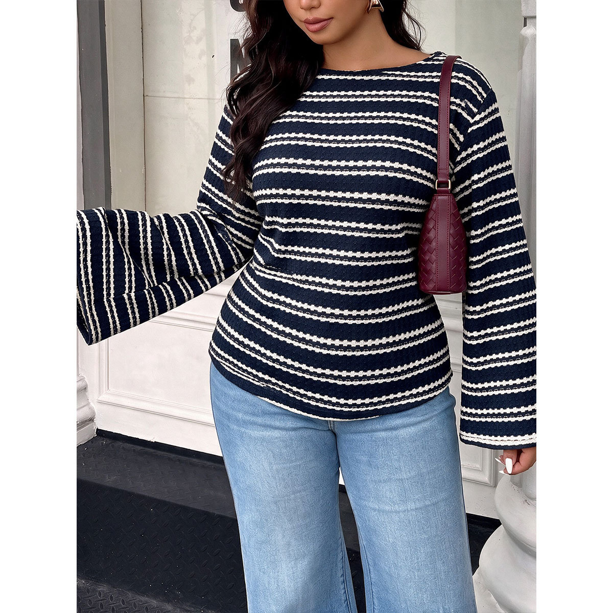 Women's Plus Size Striped Bell Sleeve Top Round Neck Loose Fit Long Sleeve Casual Tee