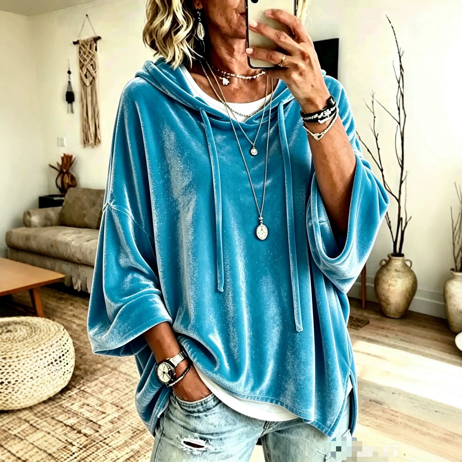 Women's Velvet Hooded Drawstring Sweatshirt Loose Fit