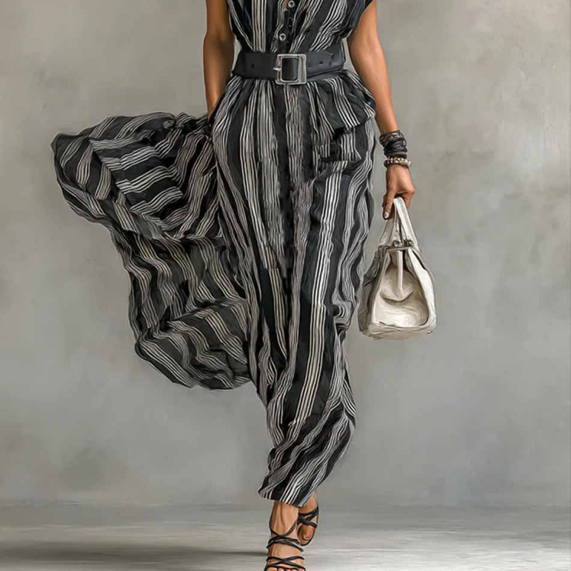 Elegant Short Sleeve Striped Shirt Dress with Collar