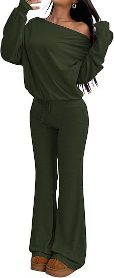 Solid One-Shoulder Long-Sleeve Top & High-Waist Flared Wide-Leg Pants Set