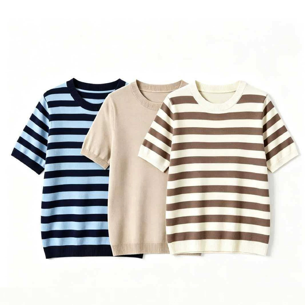 Women's Striped Crewneck Short Sleeve Knit Top