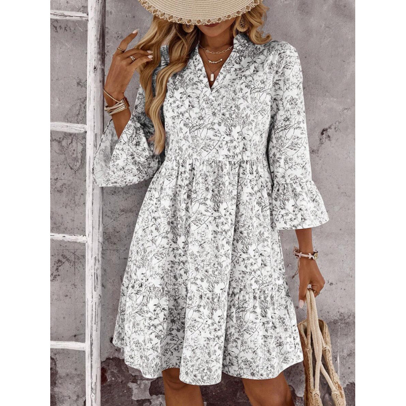Boho V-Neck Midi Dress Floral Print Bell Sleeve A-Line