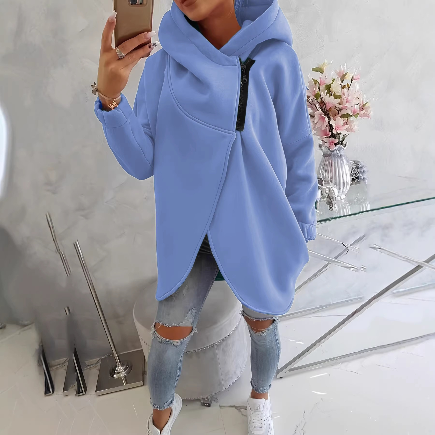 Women's Long-Sleeve Black Hooded Zip-Up Jacket with Front Pockets