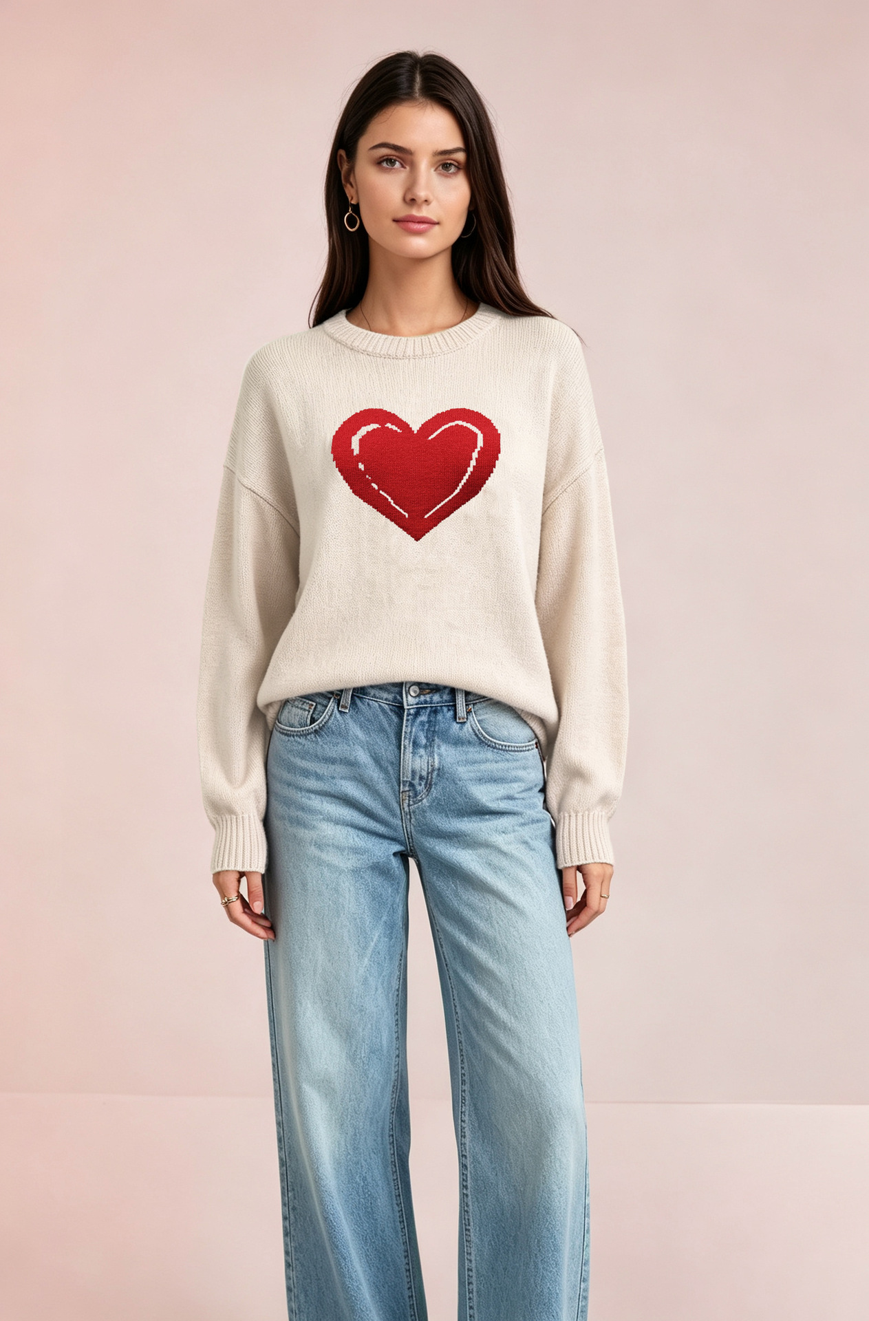 Heart Knit Sweater for Women Crewneck Long Sleeve Pullover