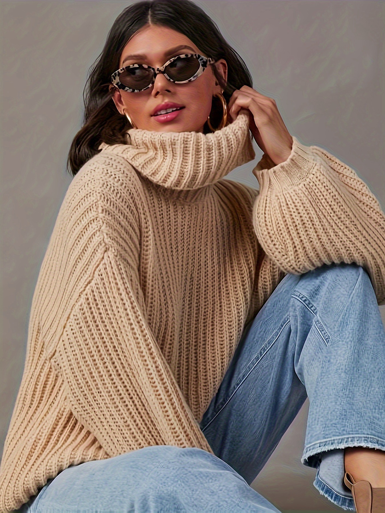 Women's Loose High Neck Wool Blend Pullover Sweater