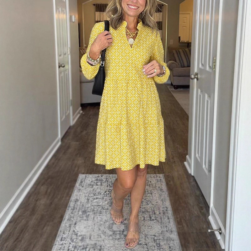 V-Neck Three-Quarter Sleeve Diamond Print A-Line Dress