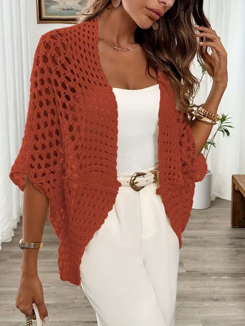 Women's Elegant Retro Open Front Cardigan Batwing Sleeve Hollow Out V Neck Knit Sweater
